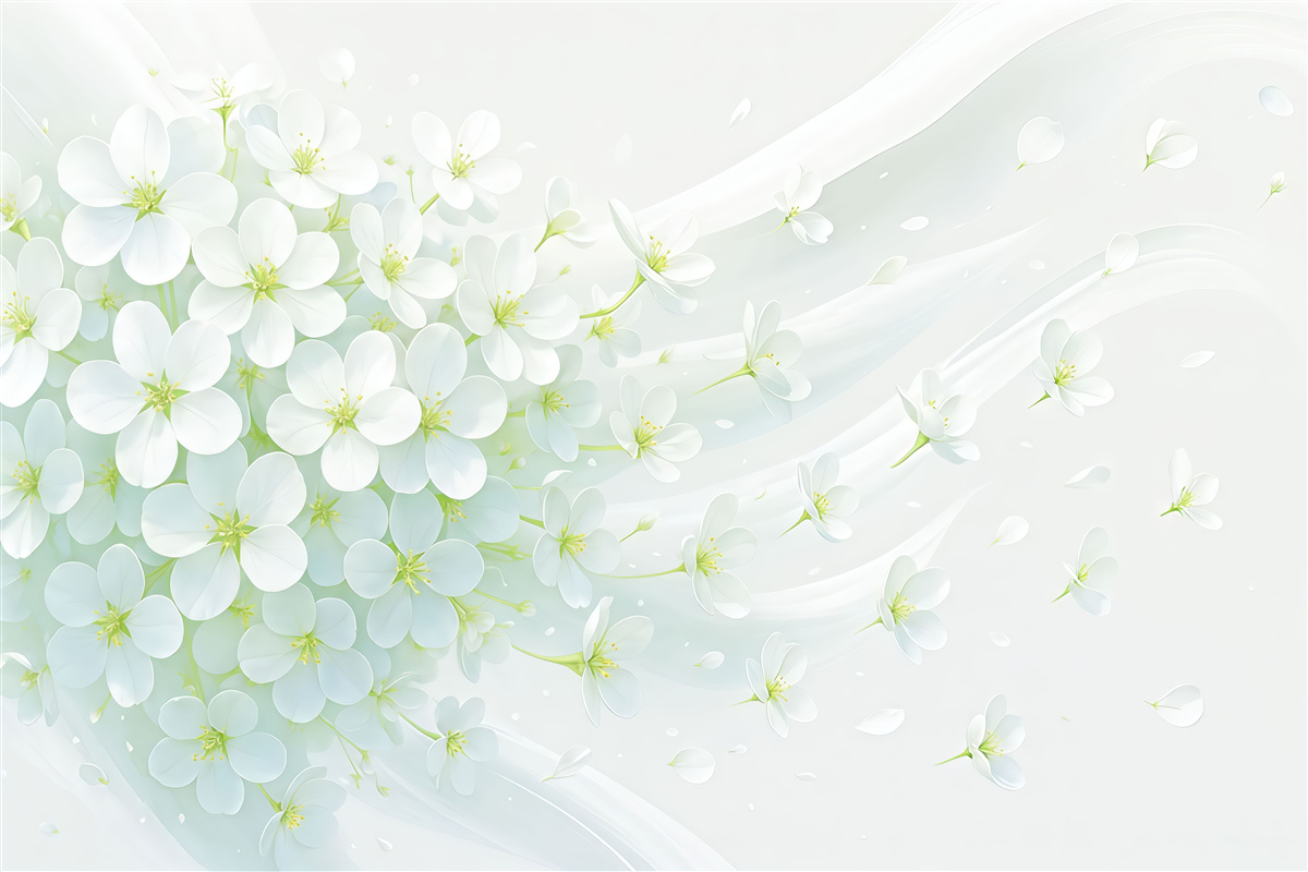 Fototapeta Rozrzucone kwitnące białe oraz zielone płatki kwiatowe na jasnym tle minimalistycznym.