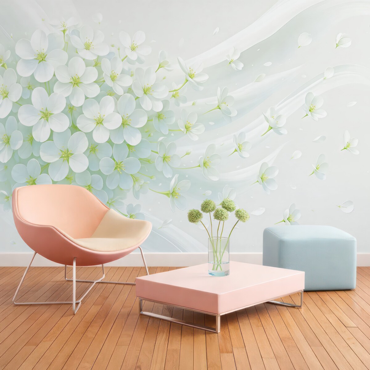 Fototapeta Rozrzucone kwitnące białe oraz zielone płatki kwiatowe na jasnym tle minimalistycznym.