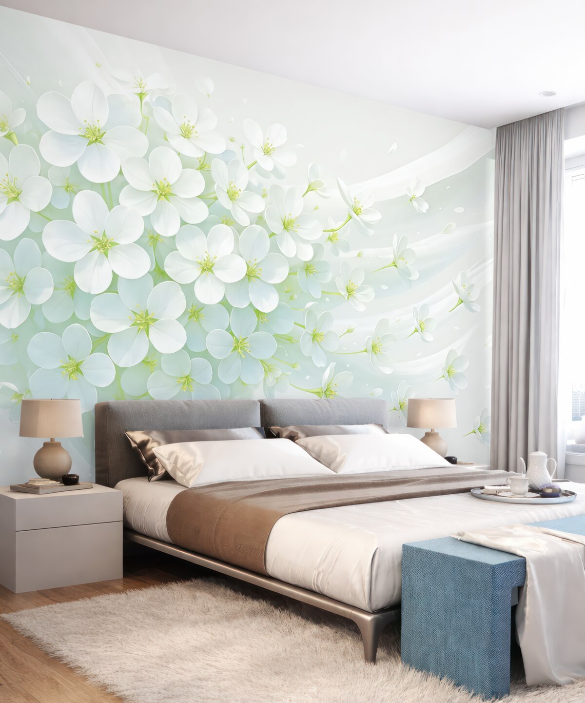 Fototapeta Rozrzucone kwitnące białe oraz zielone płatki kwiatowe na jasnym tle minimalistycznym.