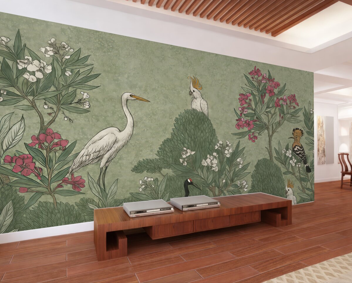 Fototapeta Gęsta, tropikalna sceneria z białą czaplą, czarnym ptakiem i różowymi kwiatami na tle zielonych liści.