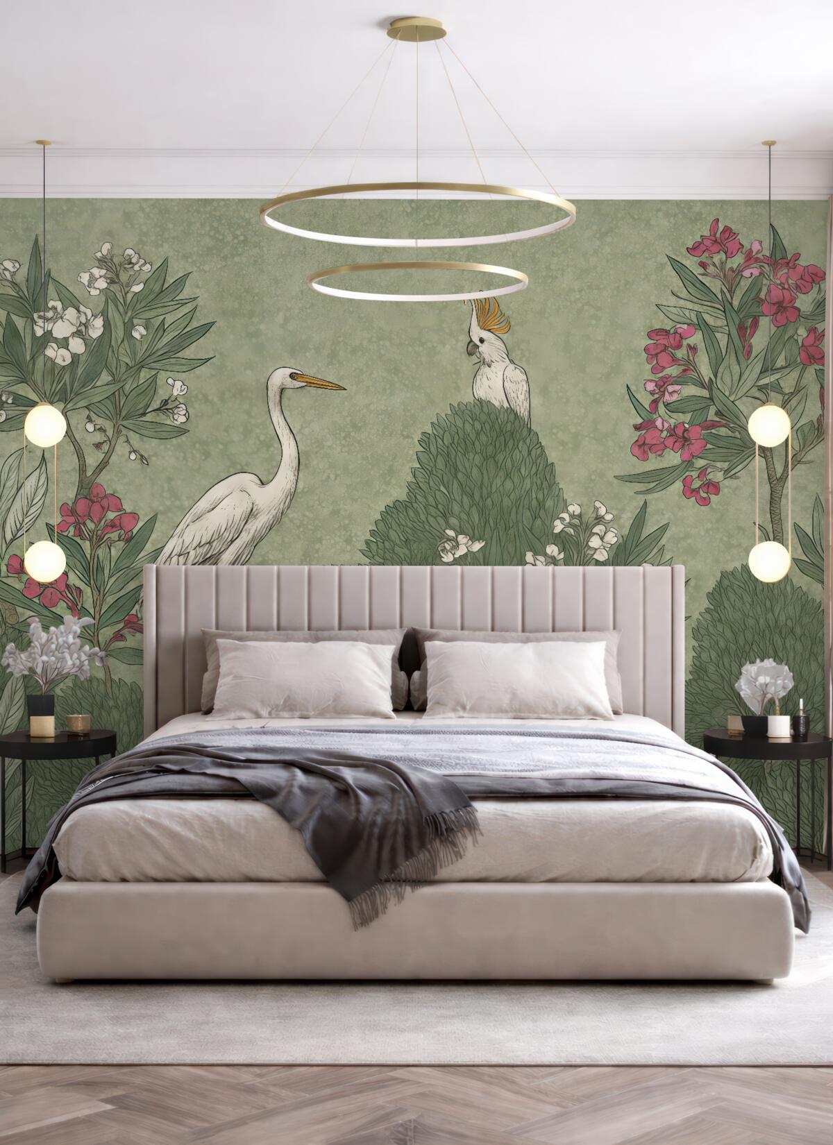 Fototapeta Gęsta, tropikalna sceneria z białą czaplą, czarnym ptakiem i różowymi kwiatami na tle zielonych liści.