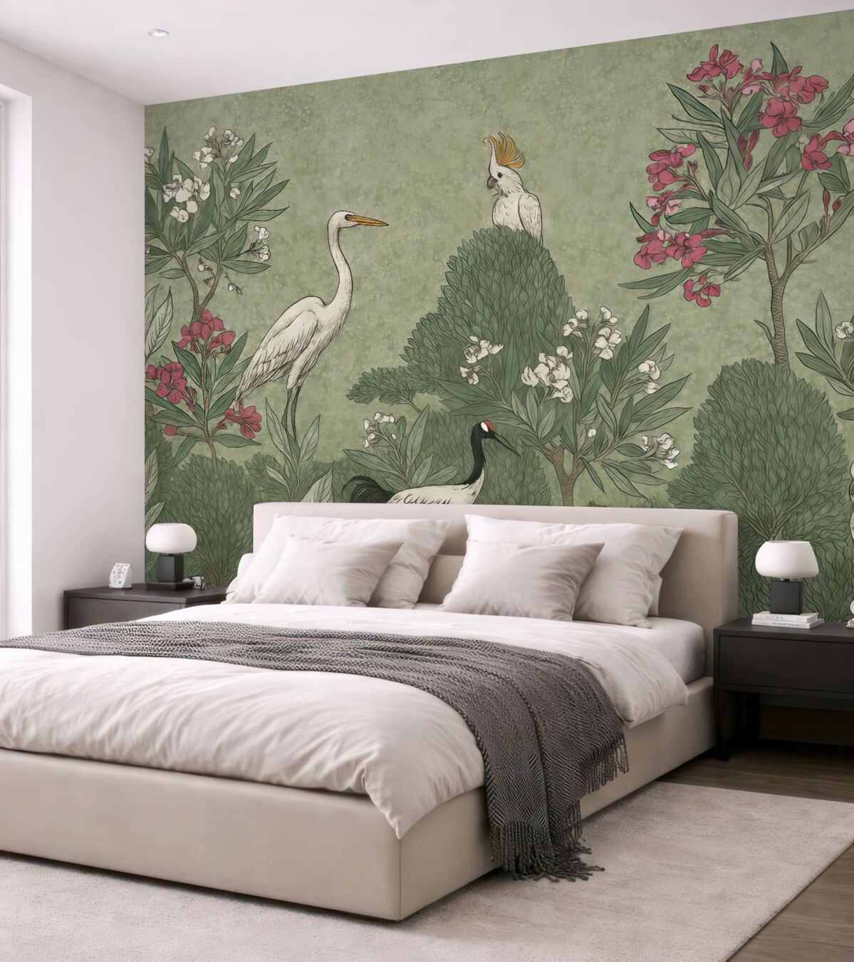 Fototapeta Gęsta, tropikalna sceneria z białą czaplą, czarnym ptakiem i różowymi kwiatami na tle zielonych liści.