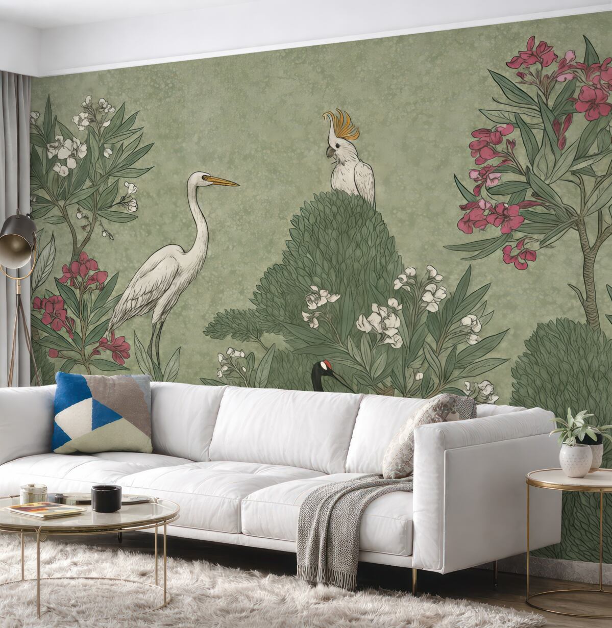 Fototapeta Gęsta, tropikalna sceneria z białą czaplą, czarnym ptakiem i różowymi kwiatami na tle zielonych liści.