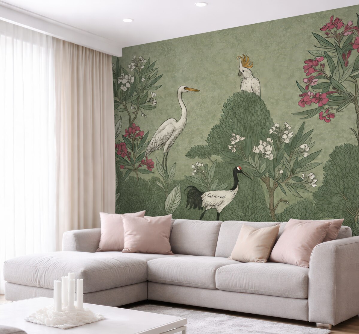 Fototapeta Gęsta, tropikalna sceneria z białą czaplą, czarnym ptakiem i różowymi kwiatami na tle zielonych liści.