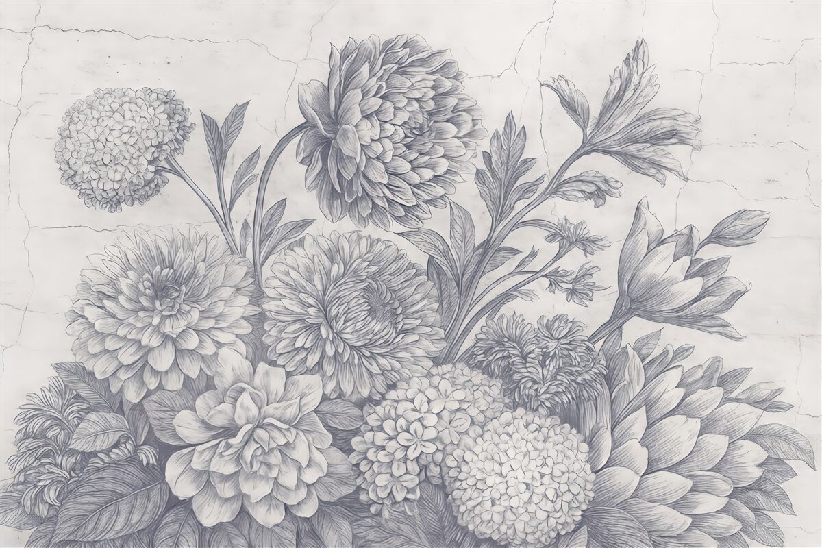 Fototapeta Ilustracja kwiatowa w odcieniu sepii, na której widoczny jest duży kwiat piwonii otoczony innymi kwitnącymi roślinami i liśćmi.