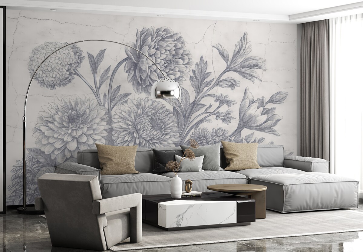 Fototapeta Ilustracja kwiatowa w odcieniu sepii, na której widoczny jest duży kwiat piwonii otoczony innymi kwitnącymi roślinami i liśćmi.