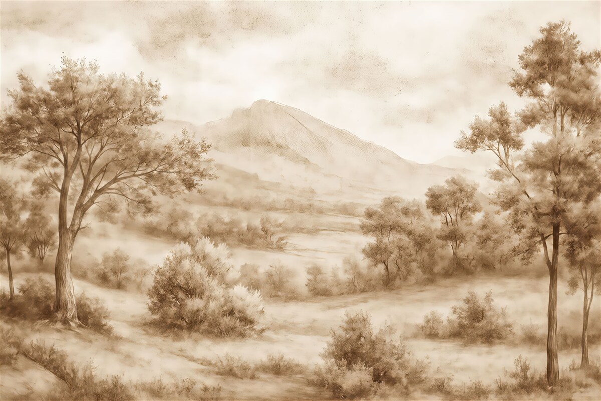 Fototapeta Malarstwo krajobrazowe ukazujące zamgloną wieś otoczoną gęstymi drzewami i liśćmi w kolorach brązu.