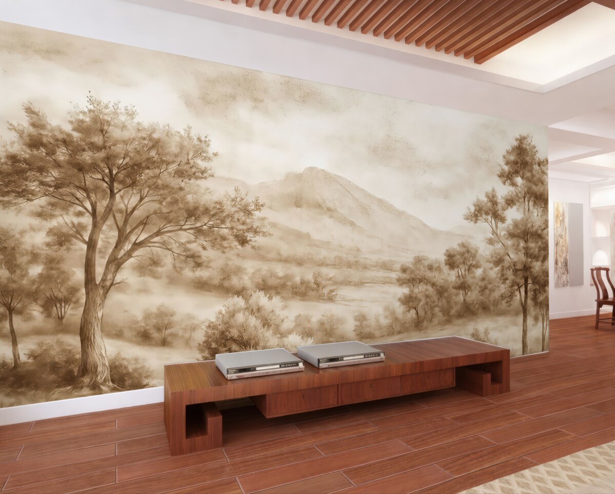 Fototapeta Malarstwo krajobrazowe ukazujące zamgloną wieś otoczoną gęstymi drzewami i liśćmi w kolorach brązu.