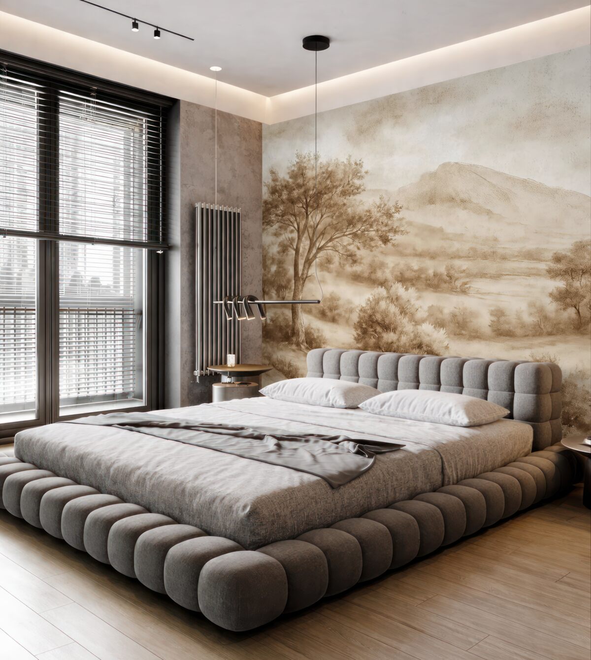 Fototapeta Malarstwo krajobrazowe ukazujące zamgloną wieś otoczoną gęstymi drzewami i liśćmi w kolorach brązu.