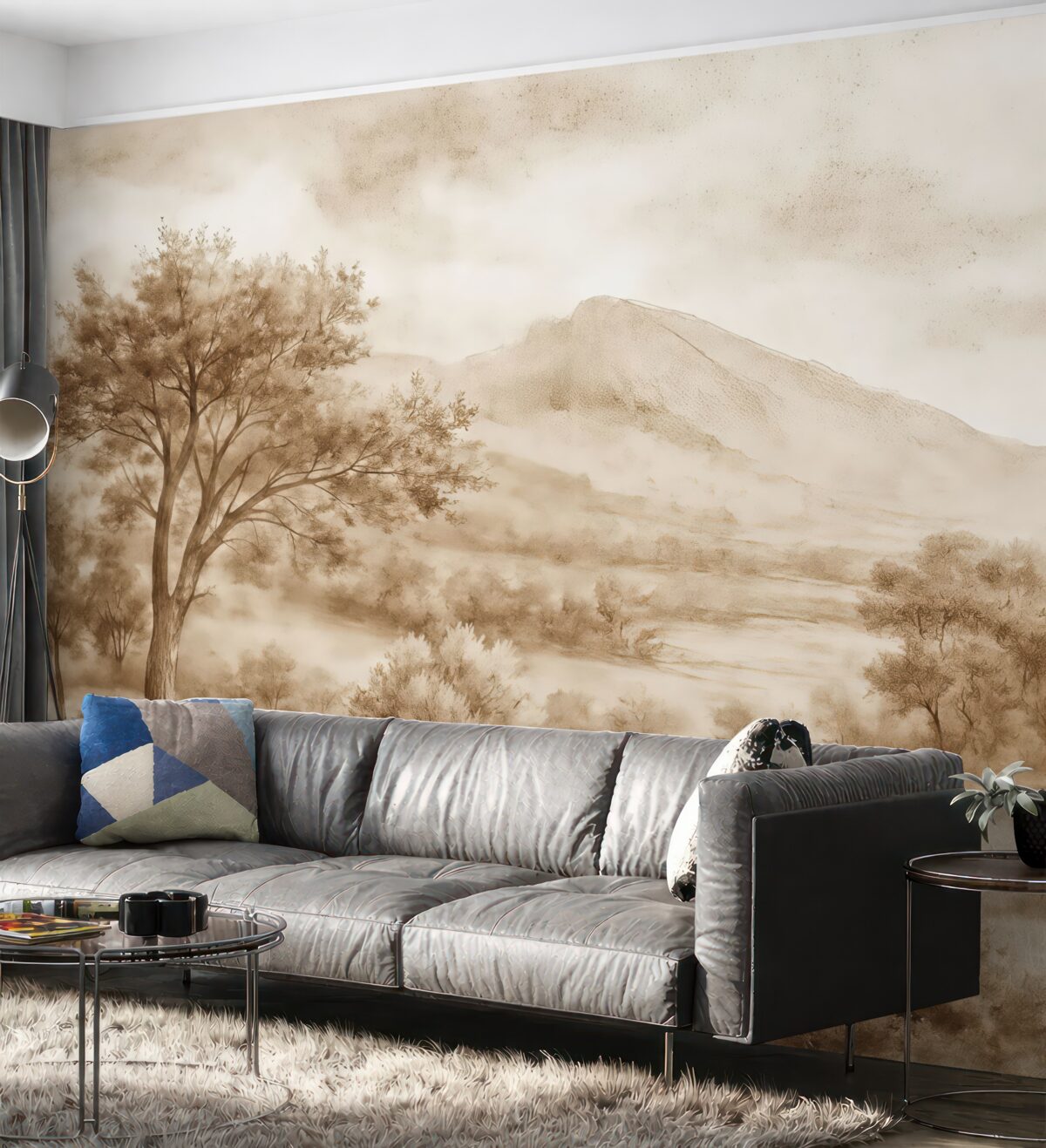 Fototapeta Malarstwo krajobrazowe ukazujące zamgloną wieś otoczoną gęstymi drzewami i liśćmi w kolorach brązu.