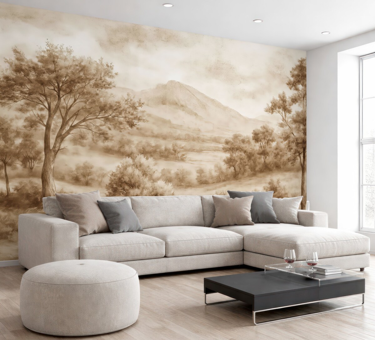 Fototapeta Malarstwo krajobrazowe ukazujące zamgloną wieś otoczoną gęstymi drzewami i liśćmi w kolorach brązu.