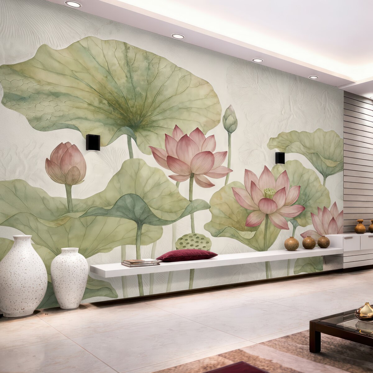 Fototapeta Różowe kwiaty lotosu z zielonymi liśćmi na jasnej teksturowanej powierzchni.