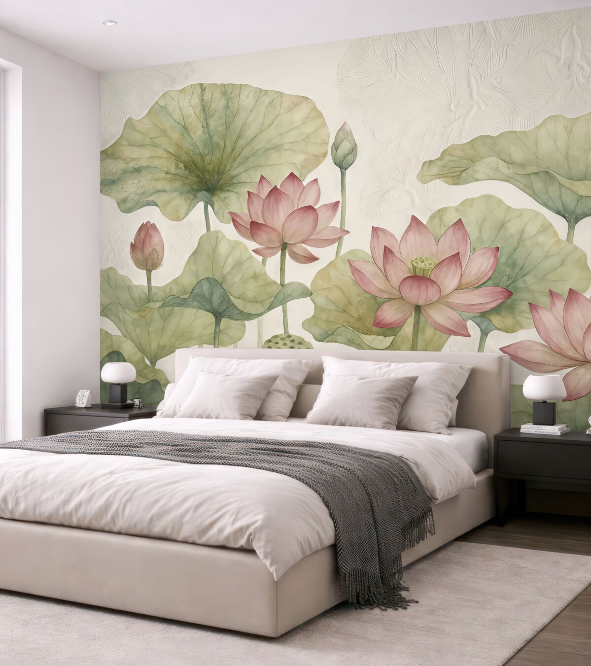 Fototapeta Różowe kwiaty lotosu z zielonymi liśćmi na jasnej teksturowanej powierzchni.