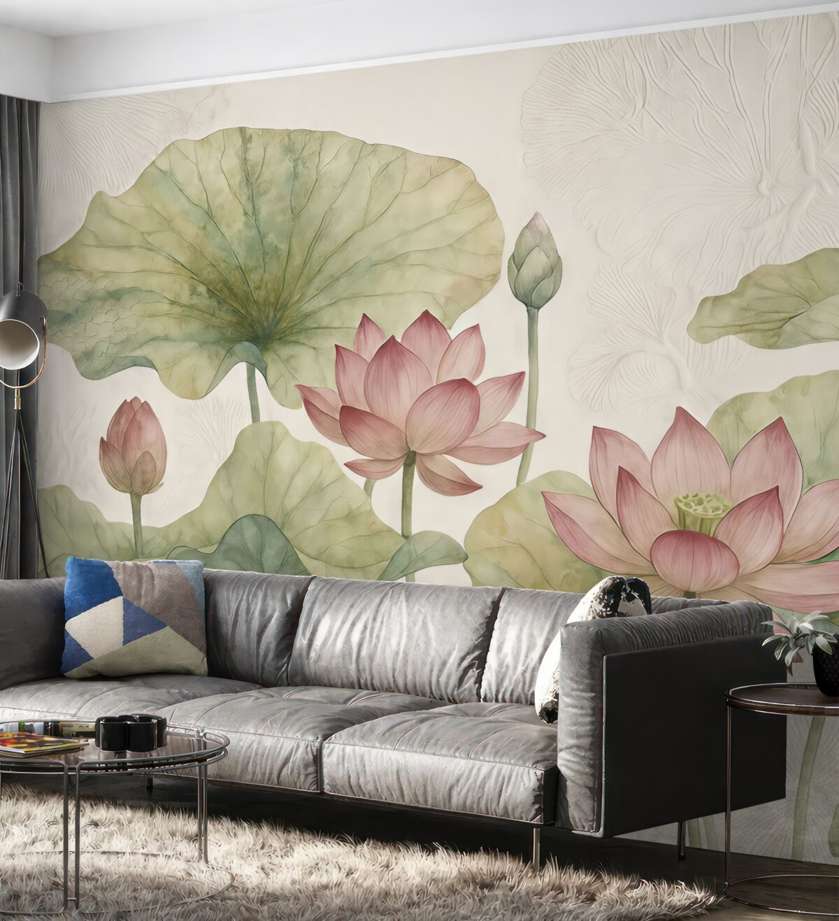 Fototapeta Różowe kwiaty lotosu z zielonymi liśćmi na jasnej teksturowanej powierzchni.