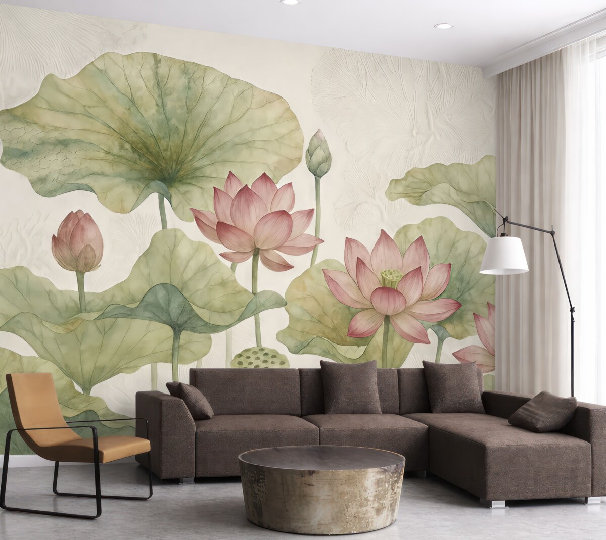 Fototapeta Różowe kwiaty lotosu z zielonymi liśćmi na jasnej teksturowanej powierzchni.