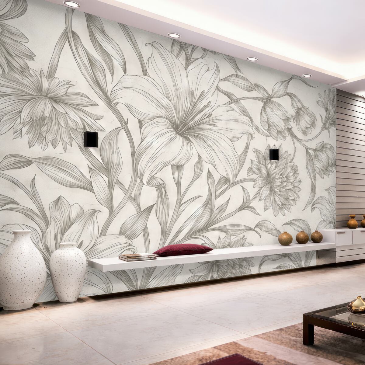 Fototapeta Czarno-biały rysunek ukazujący ilustracje dużych kwiatów.