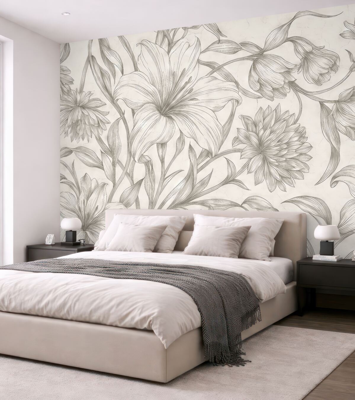 Fototapeta Czarno-biały rysunek ukazujący ilustracje dużych kwiatów.