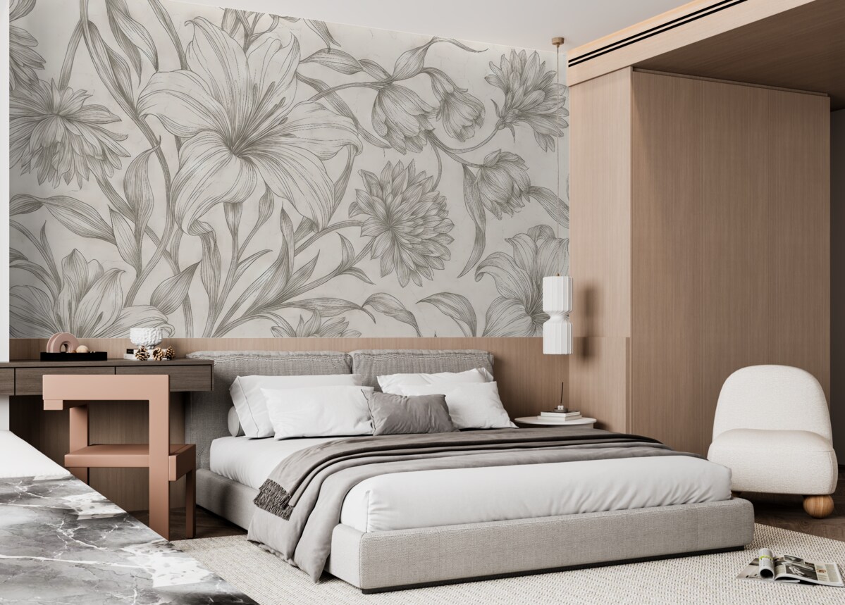 Fototapeta Czarno-biały rysunek ukazujący ilustracje dużych kwiatów.