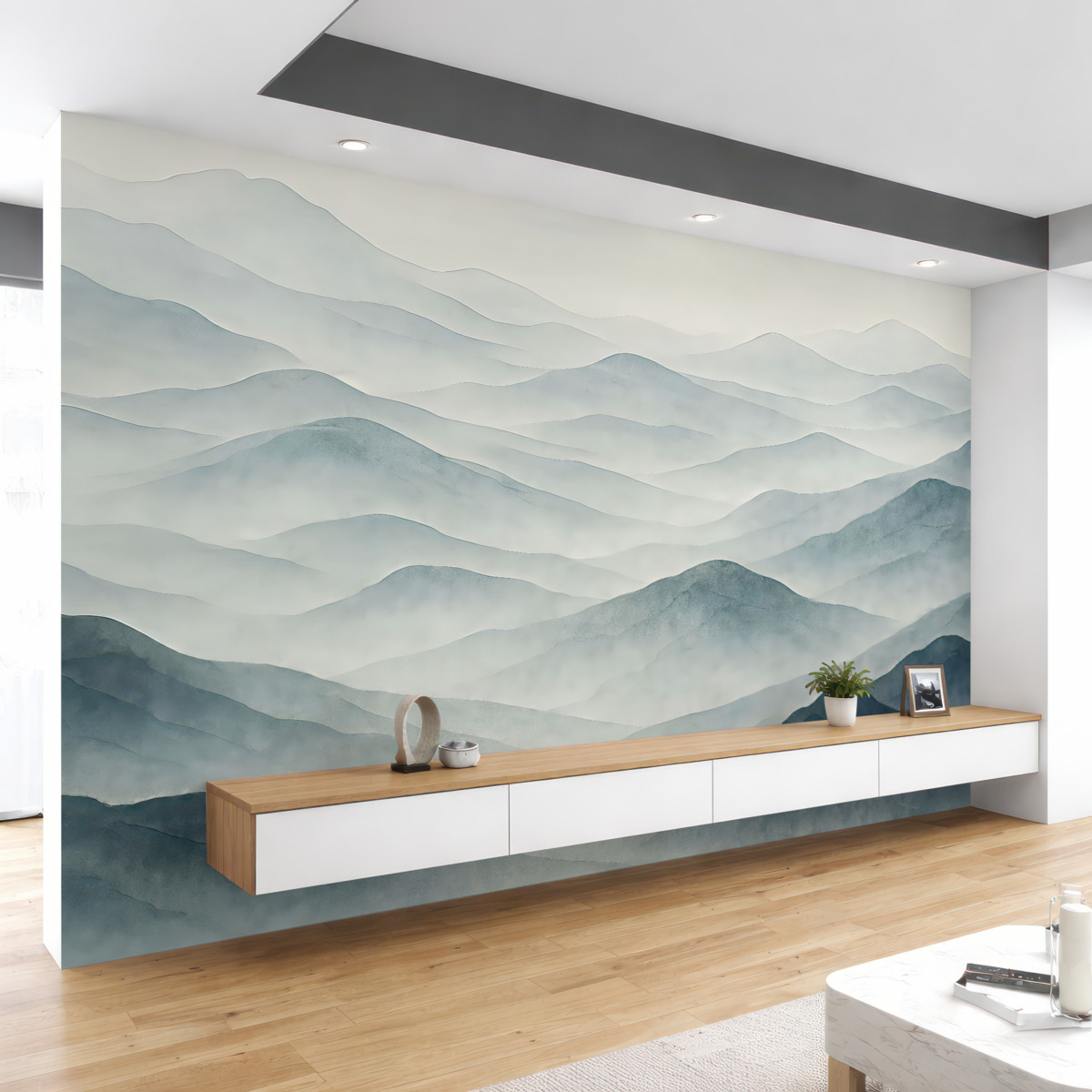 Fototapeta Górski pejzaż z wzgórzami i mlekiem sprawiający wrażenie cichej i nastrojowej scenerii.