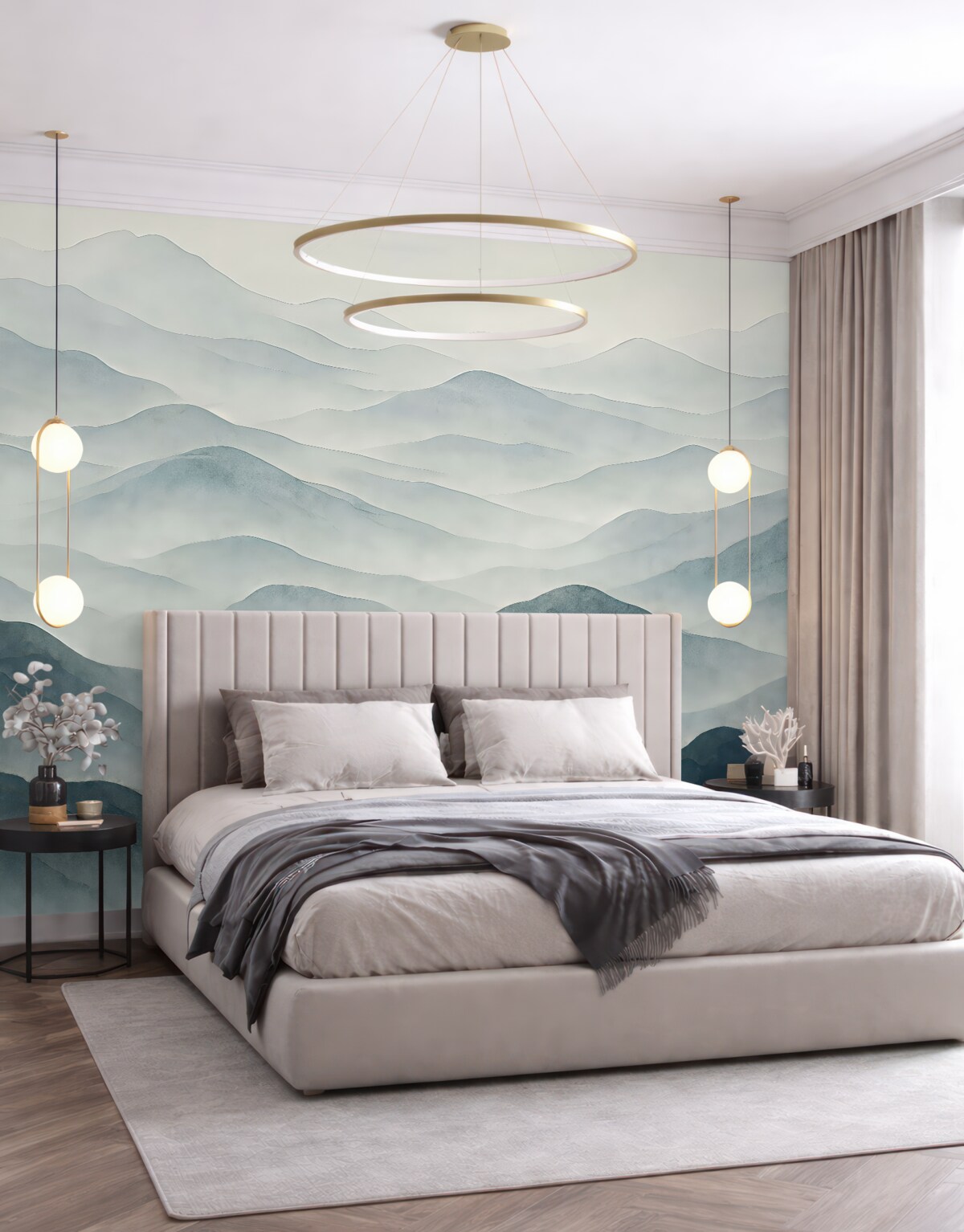 Fototapeta Górski pejzaż z wzgórzami i mlekiem sprawiający wrażenie cichej i nastrojowej scenerii.