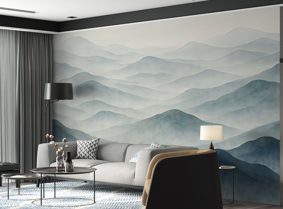 Fototapeta Górski pejzaż z wzgórzami i mlekiem sprawiający wrażenie cichej i nastrojowej scenerii.