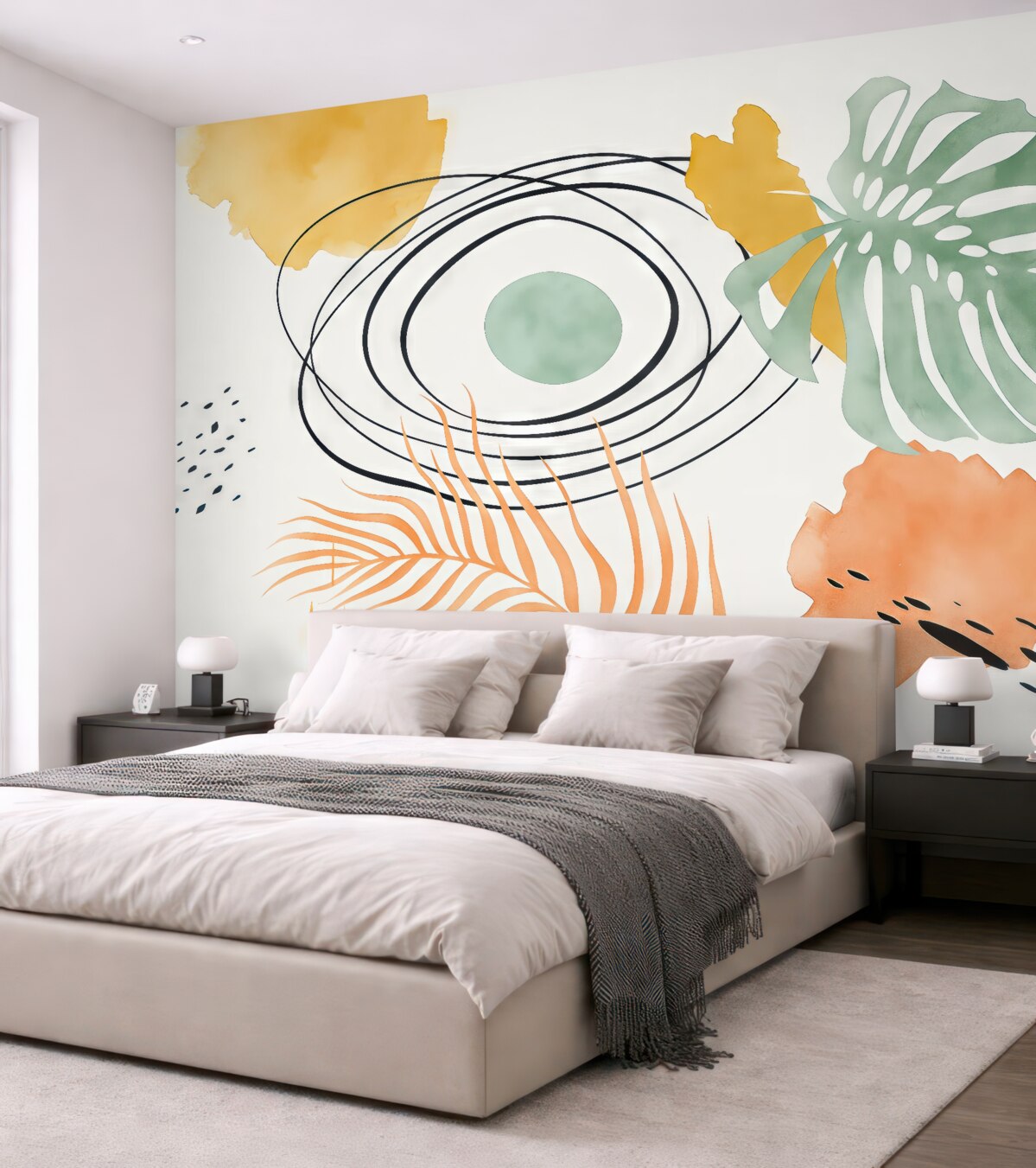 Fototapeta Abstrakcja w stylu Boho, liść monstery i palmy, zagięte linie, kropka, geometryczny, topograficzny, niebieski, żółty, różowy odcień.