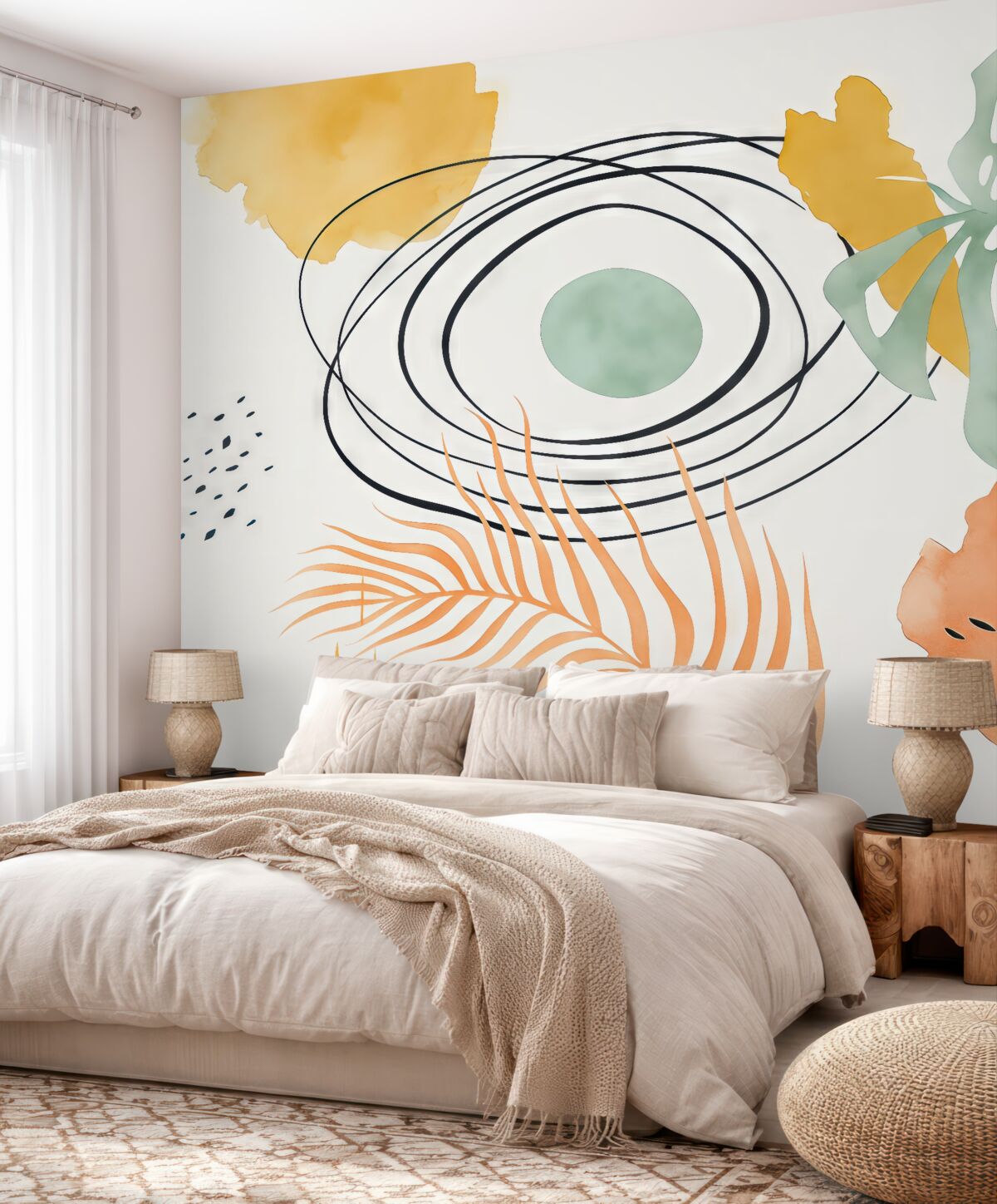 Fototapeta Abstrakcja w stylu Boho, liść monstery i palmy, zagięte linie, kropka, geometryczny, topograficzny, niebieski, żółty, różowy odcień.