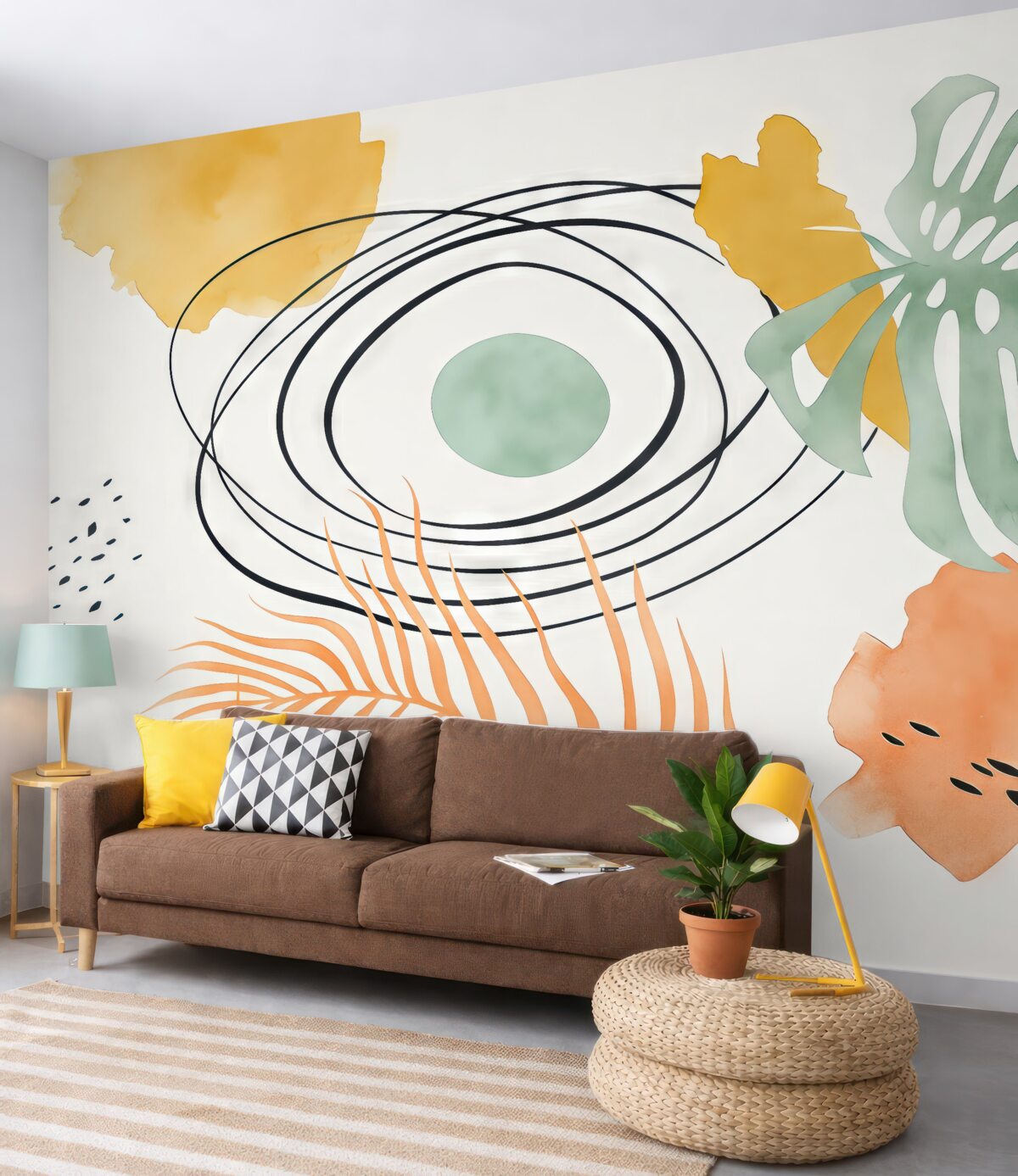 Fototapeta Abstrakcja w stylu Boho, liść monstery i palmy, zagięte linie, kropka, geometryczny, topograficzny, niebieski, żółty, różowy odcień.