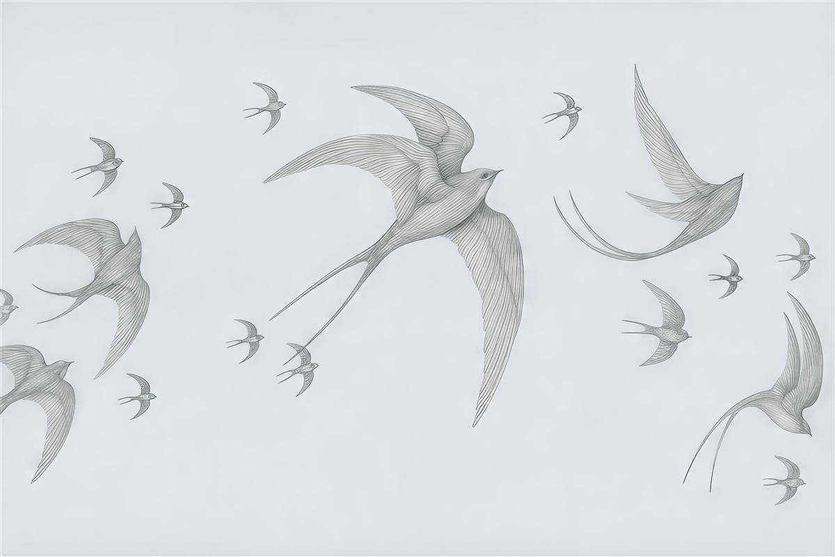 Fototapeta Liniowe jaskółki na błękitnym tle.