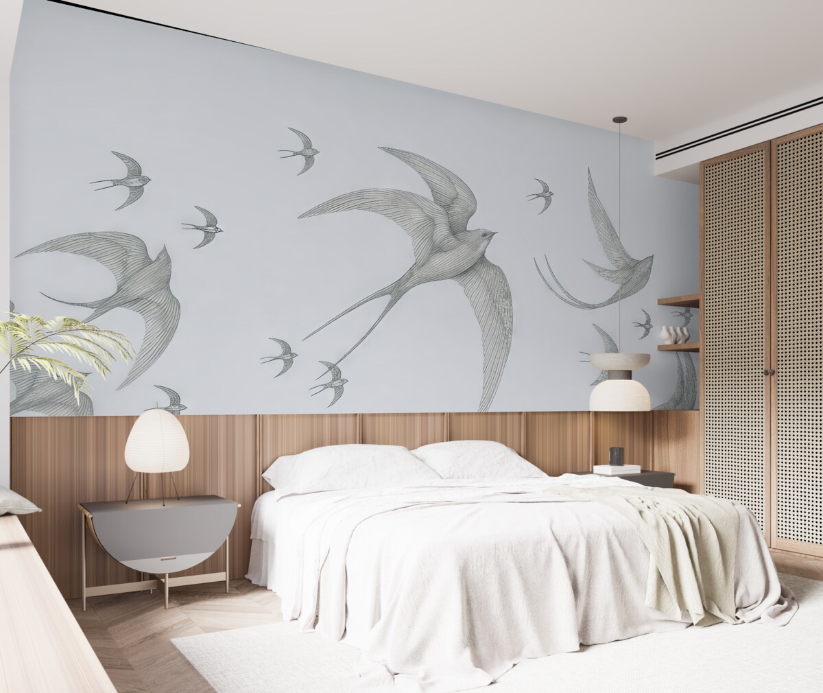 Fototapeta Liniowe jaskółki na błękitnym tle.