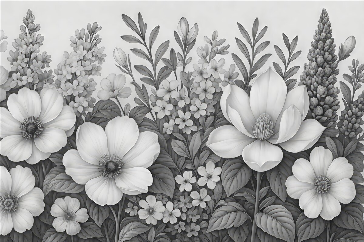 Fototapeta Jednobarwna kompozycja kwiatowa z teksturowanym tłem z magnoliami, bzami oraz innymi kwiatami.