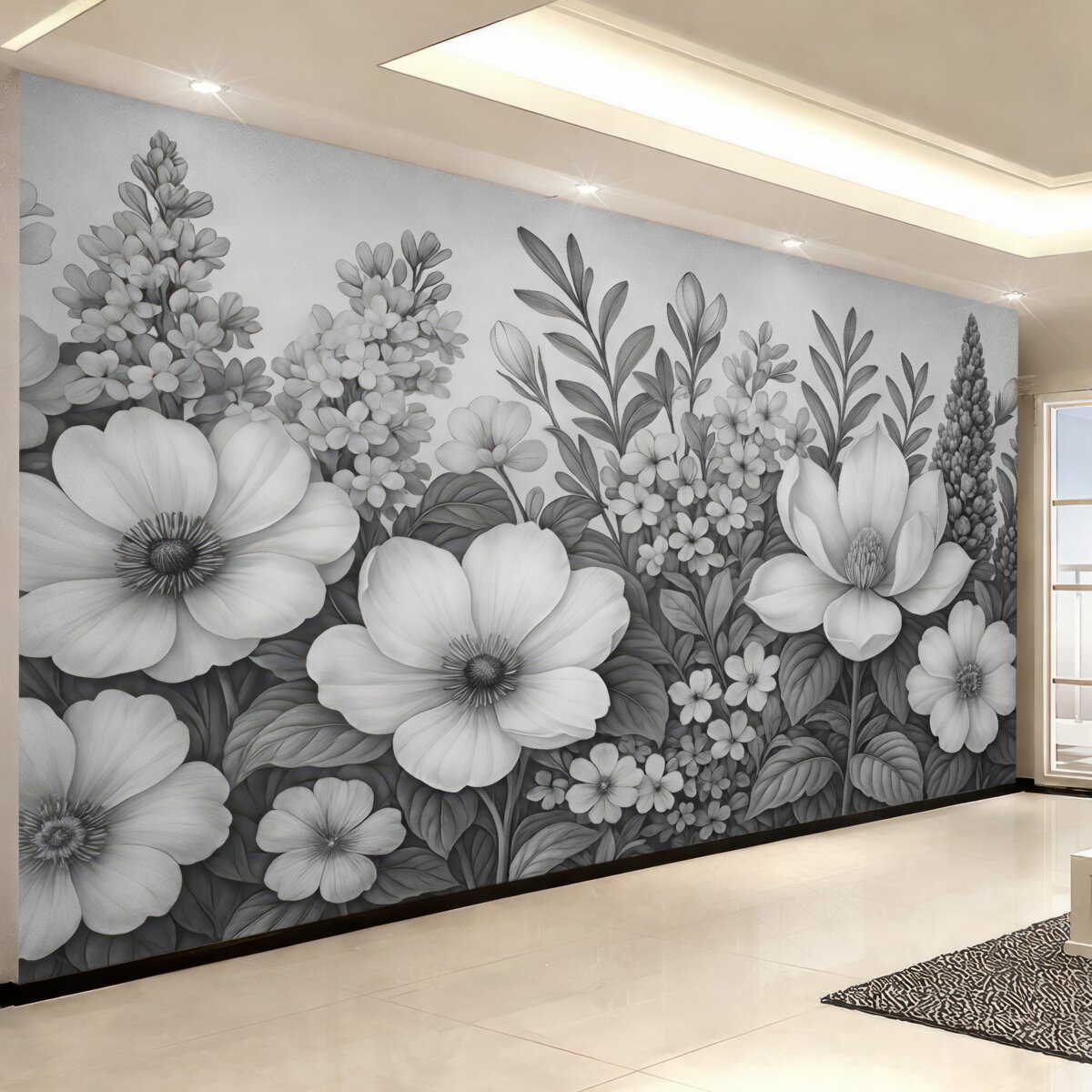 Fototapeta Jednobarwna kompozycja kwiatowa z teksturowanym tłem z magnoliami, bzami oraz innymi kwiatami.