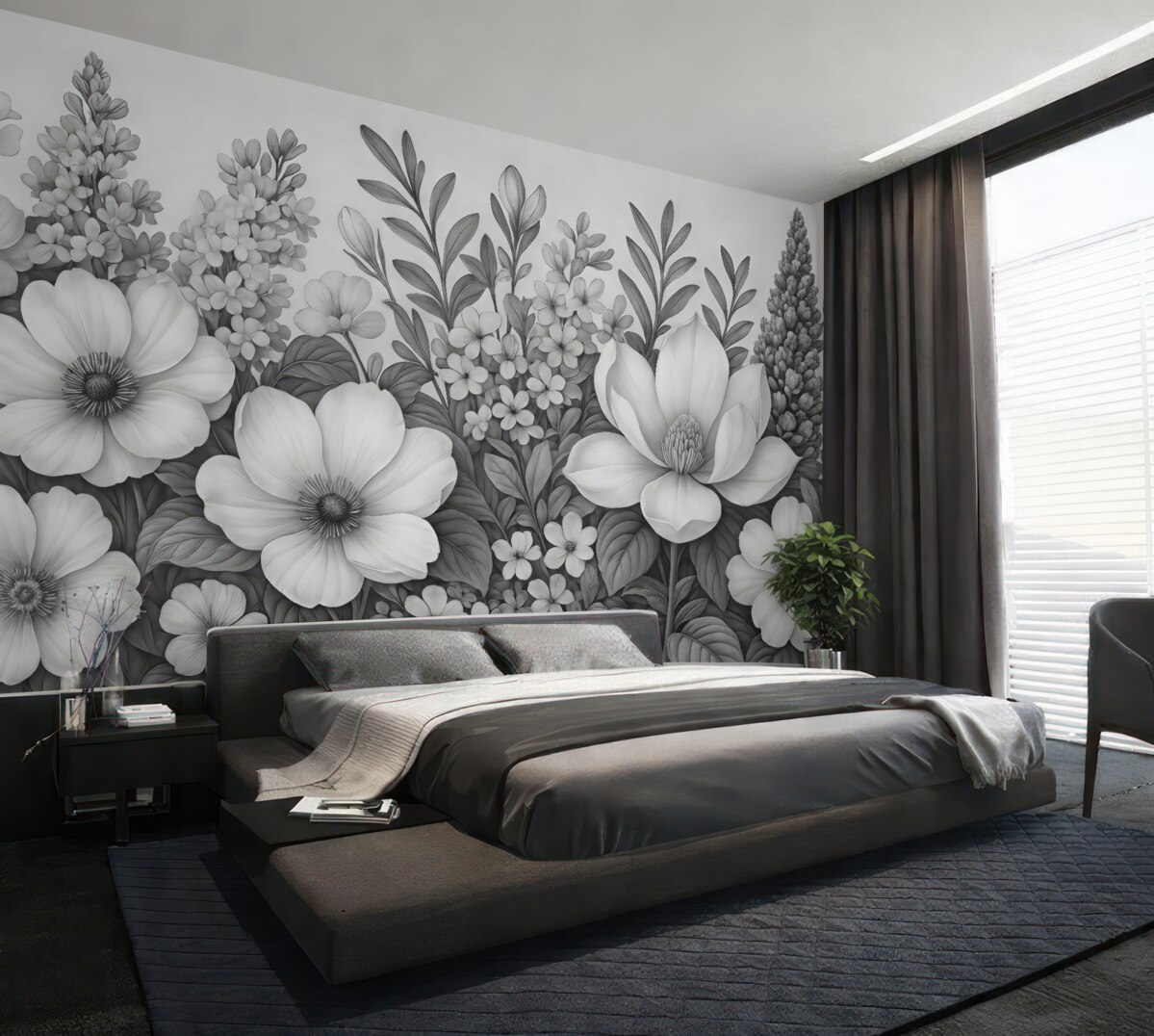 Fototapeta Jednobarwna kompozycja kwiatowa z teksturowanym tłem z magnoliami, bzami oraz innymi kwiatami.