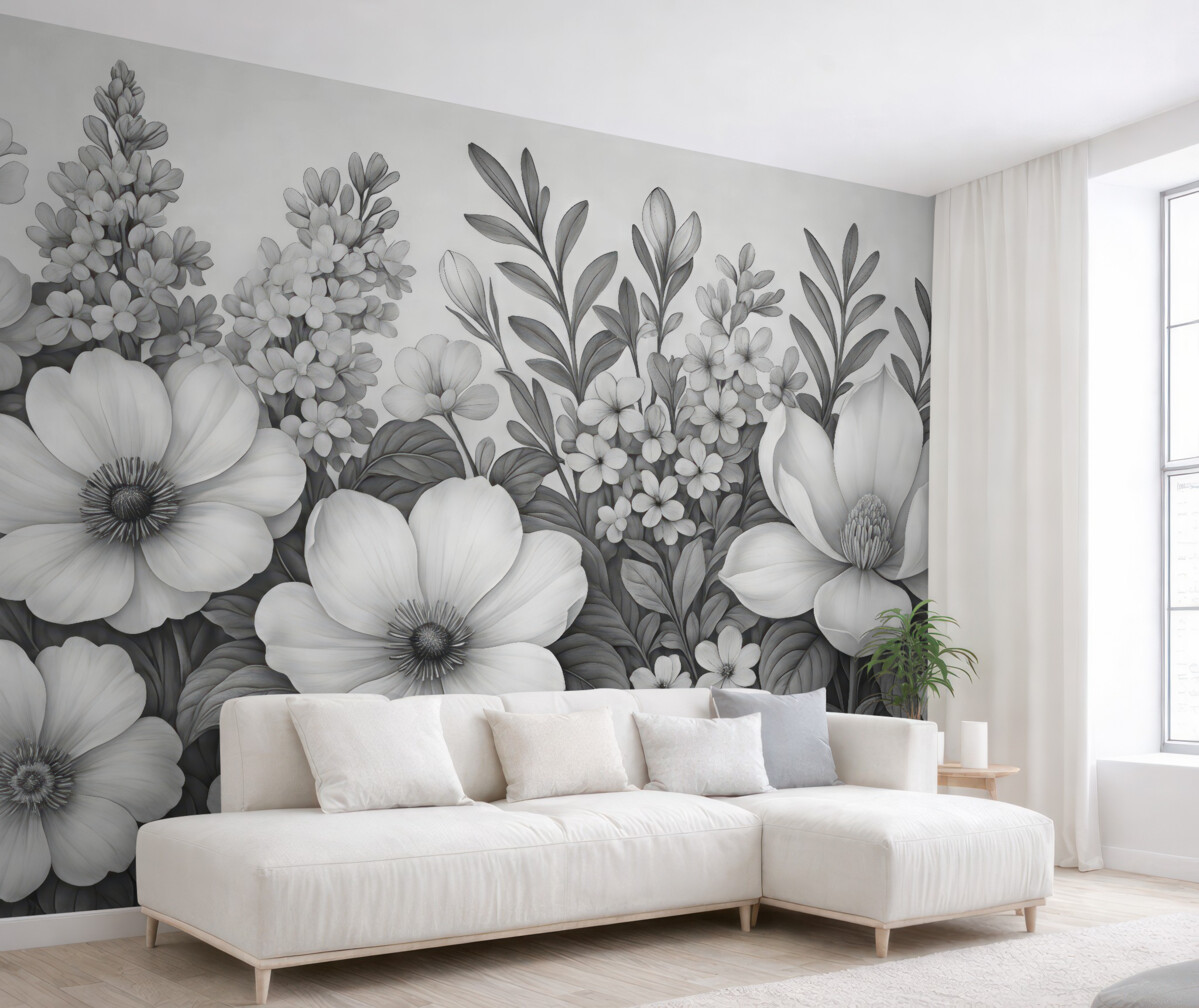 Fototapeta Jednobarwna kompozycja kwiatowa z teksturowanym tłem z magnoliami, bzami oraz innymi kwiatami.