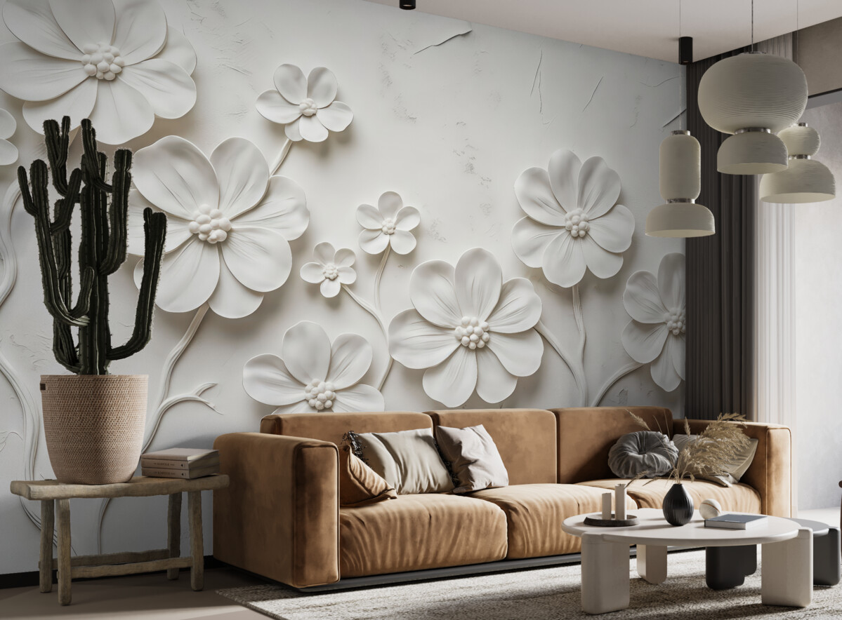 Fototapeta Białe kwiaty Malowanie tekstury trójwymiarowej w oleju, minimalistyczne oraz szykowne.