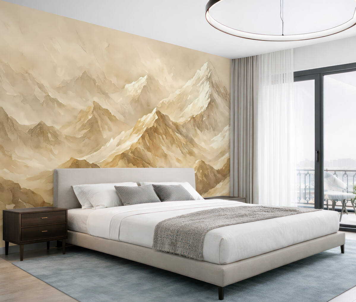 Fototapeta Grzbiet górski z wieloma brązowymi skałami w jasnych odcieniach.