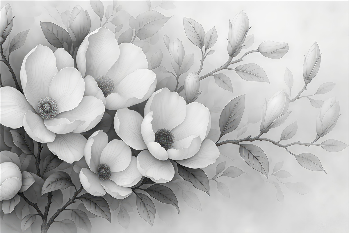 Fototapeta Ilustracja magnolii w odcieniach czerni i bieli na szarym tle.