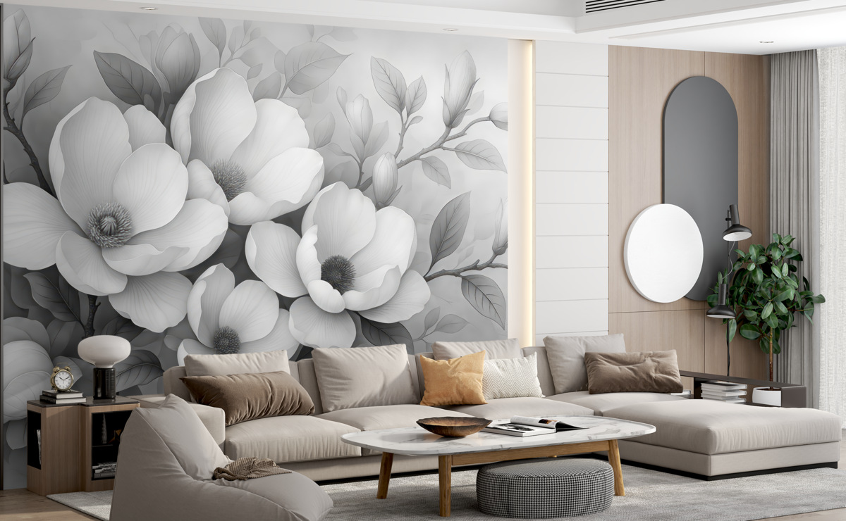 Fototapeta Ilustracja magnolii w odcieniach czerni i bieli na szarym tle.