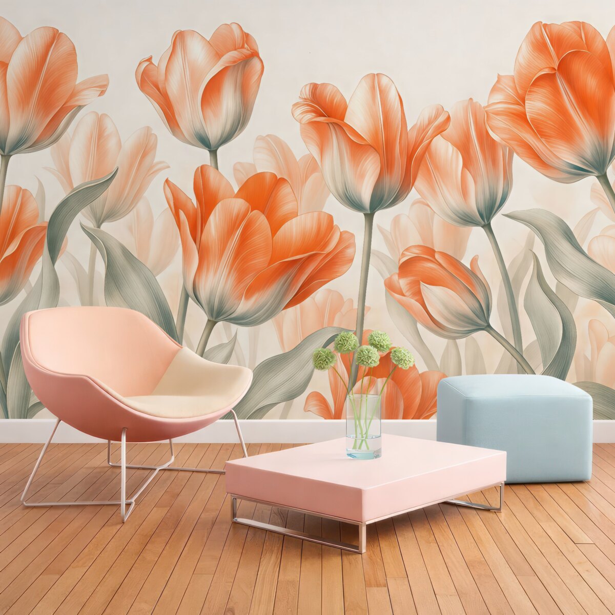 Fototapeta Czerwone i pomarańczowe kwiaty stylowych tulipanów w delikatnych barwach.