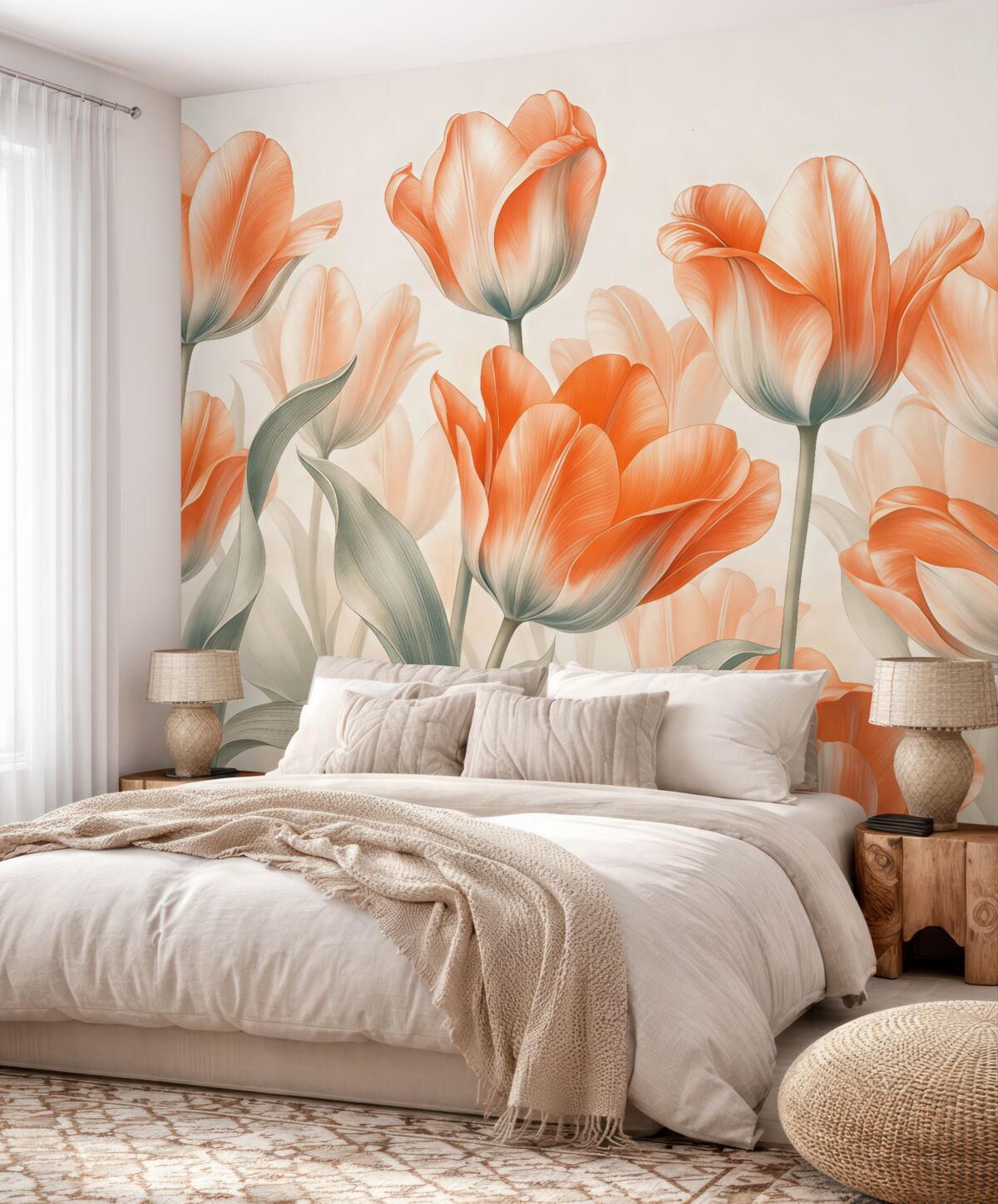 Fototapeta Czerwone i pomarańczowe kwiaty stylowych tulipanów w delikatnych barwach.