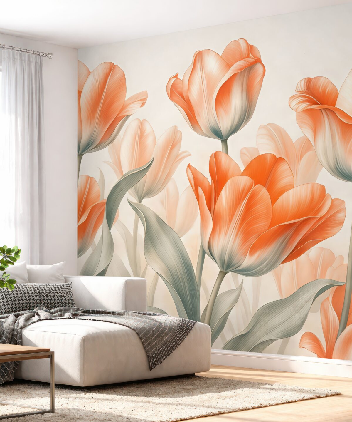 Fototapeta Czerwone i pomarańczowe kwiaty stylowych tulipanów w delikatnych barwach.