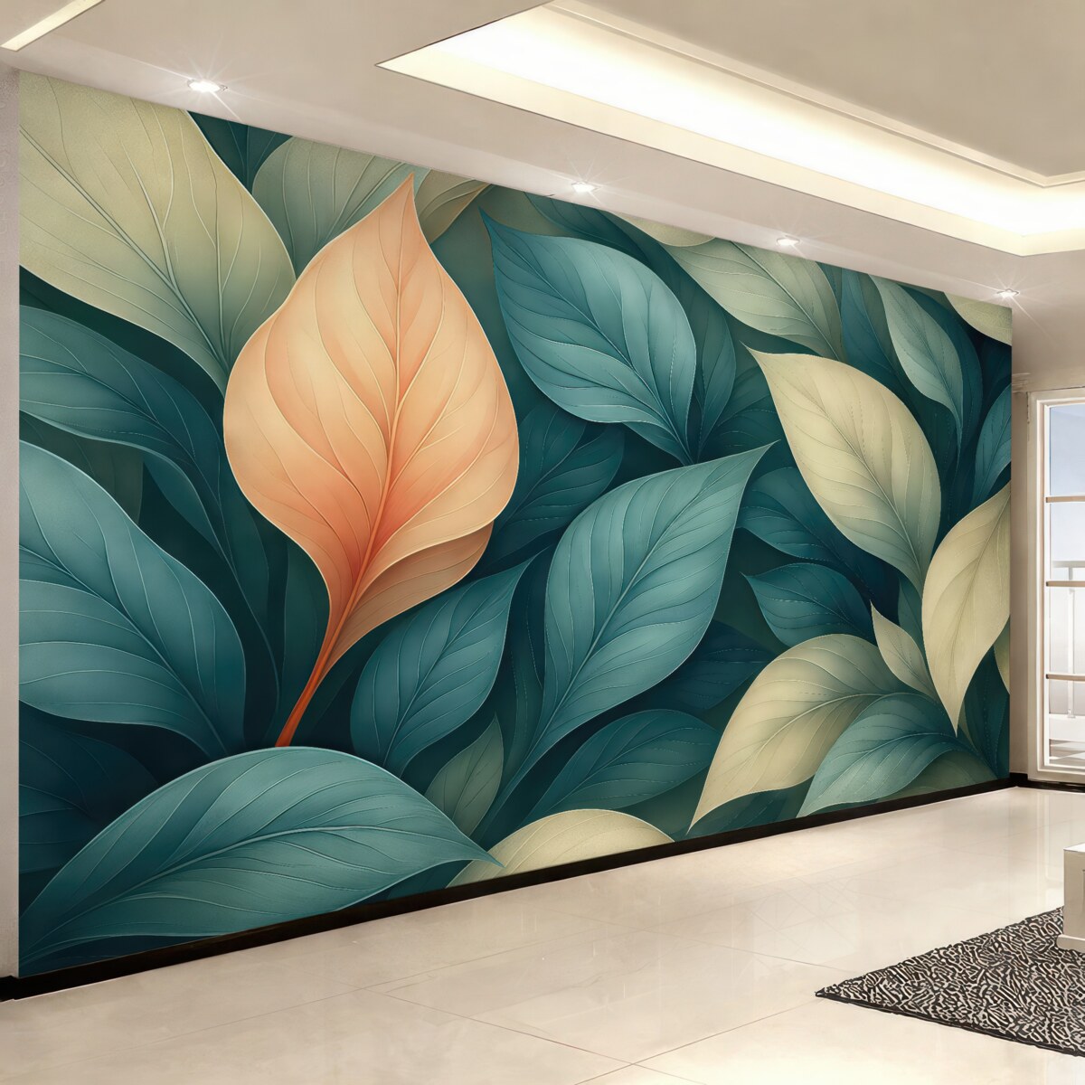 Fototapeta Abstrakcyjne liście jesieni w subtelnych niebiesko-pomarańczowych kolorach.