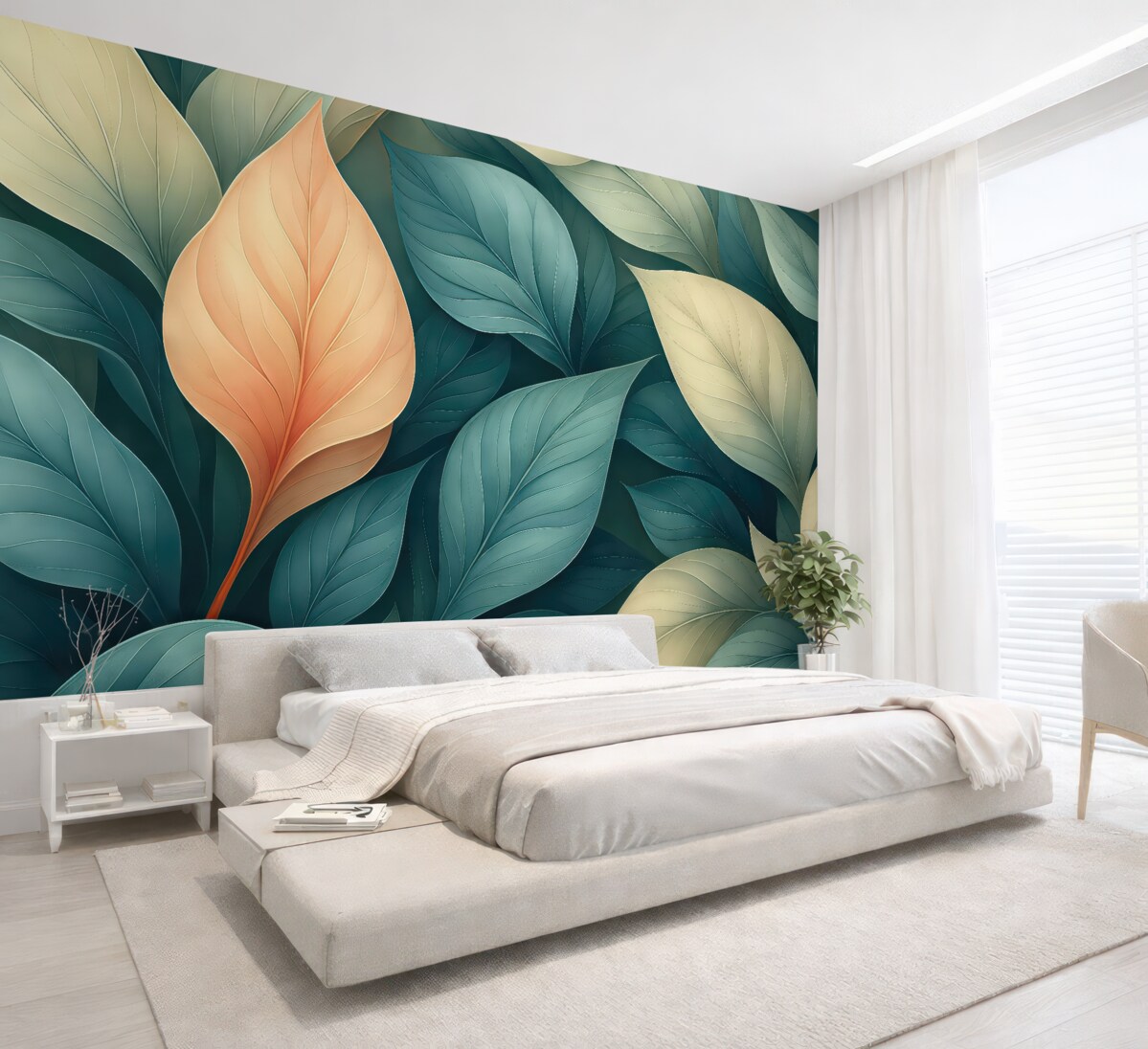 Fototapeta Abstrakcyjne liście jesieni w subtelnych niebiesko-pomarańczowych kolorach.