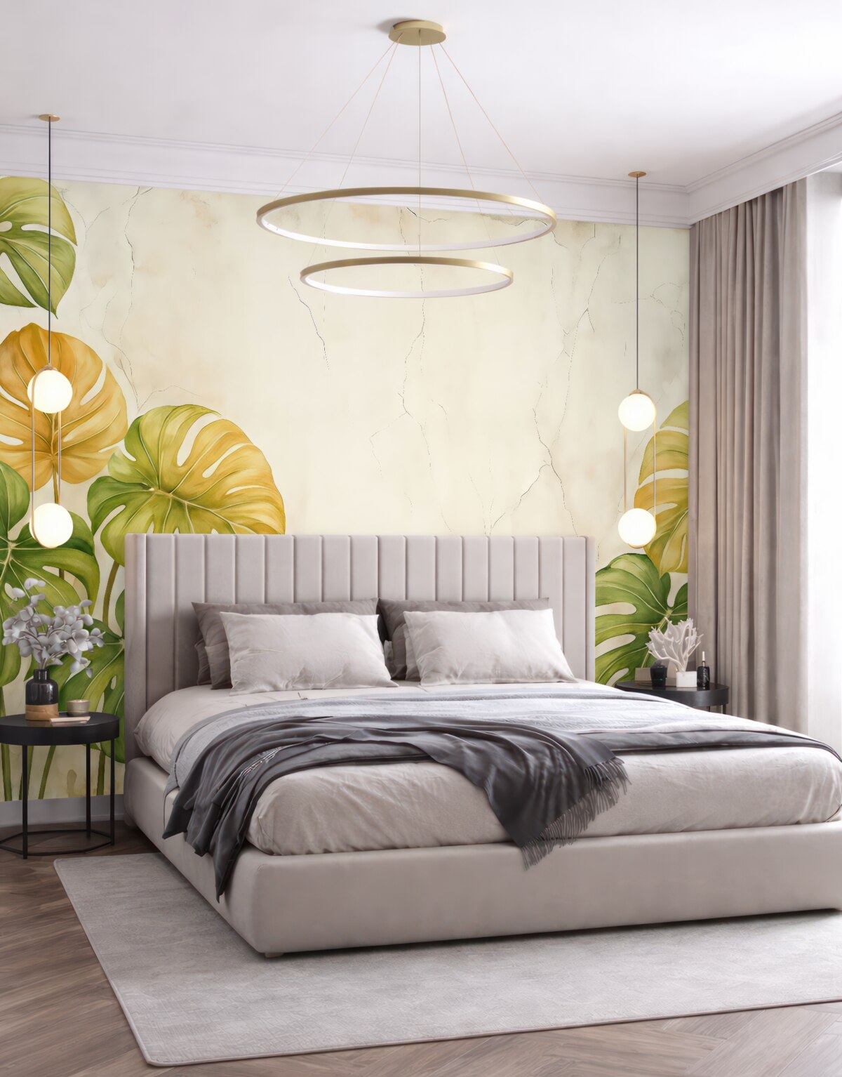 Fototapeta Tropikalna monstera zostawia na ścianie akwarelę o fakturze łuszczącej się starej białej powłoki, w odcieniach zielonym i pomarańczowym.