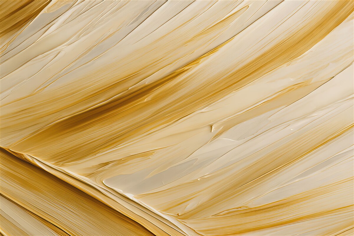 Fototapeta Imponujące pociągnięcia farby, wydłużona sekcja tropikalnego liścia, abstrakcyjny charakter, odcienie beżu i pomarańczy.