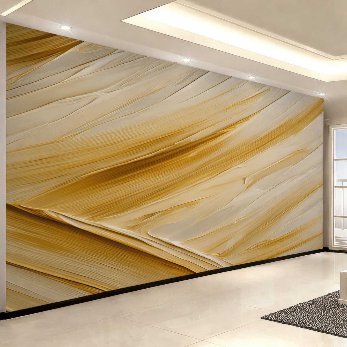 Fototapeta Imponujące pociągnięcia farby, wydłużona sekcja tropikalnego liścia, abstrakcyjny charakter, odcienie beżu i pomarańczy.