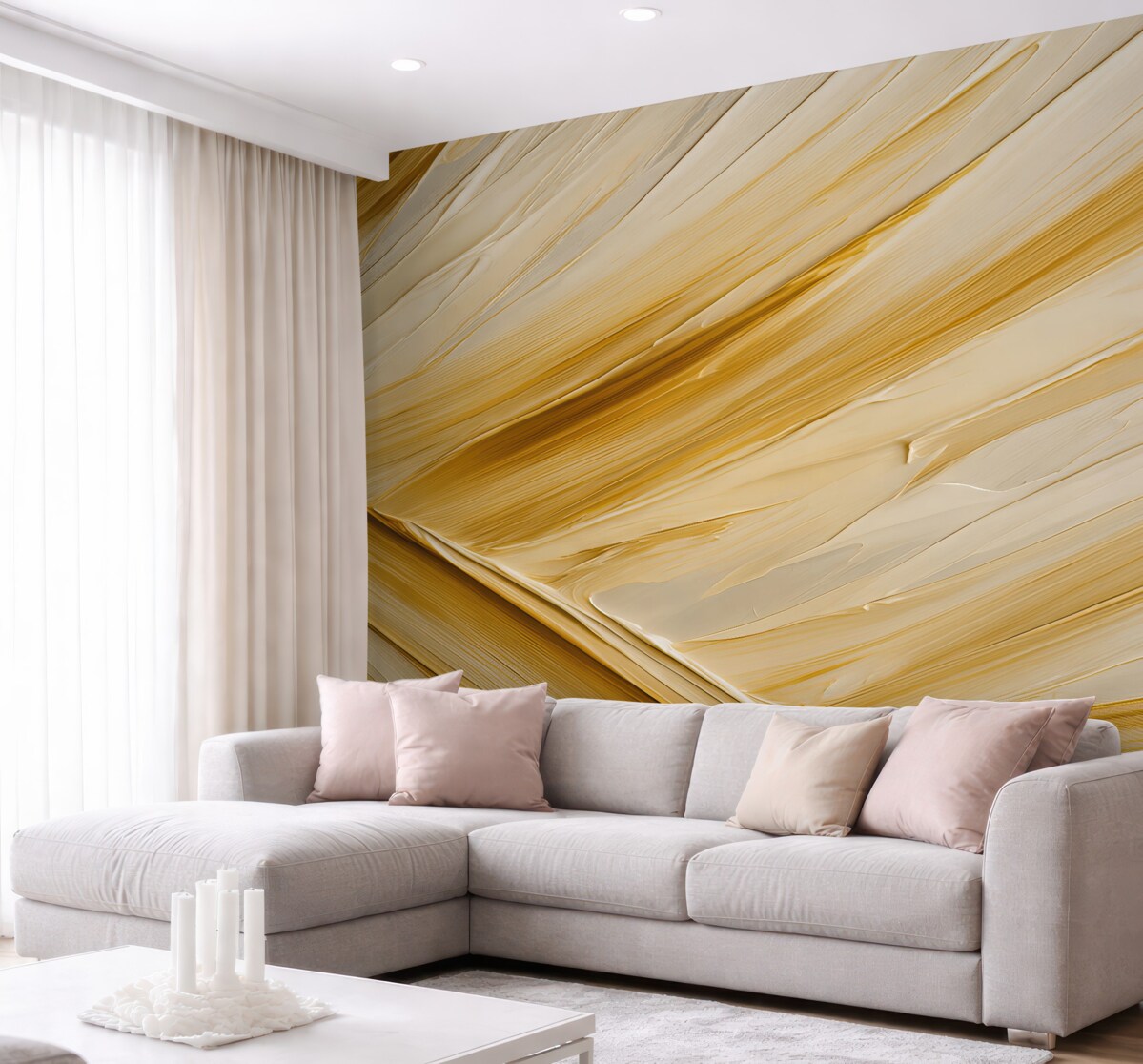 Fototapeta Imponujące pociągnięcia farby, wydłużona sekcja tropikalnego liścia, abstrakcyjny charakter, odcienie beżu i pomarańczy.