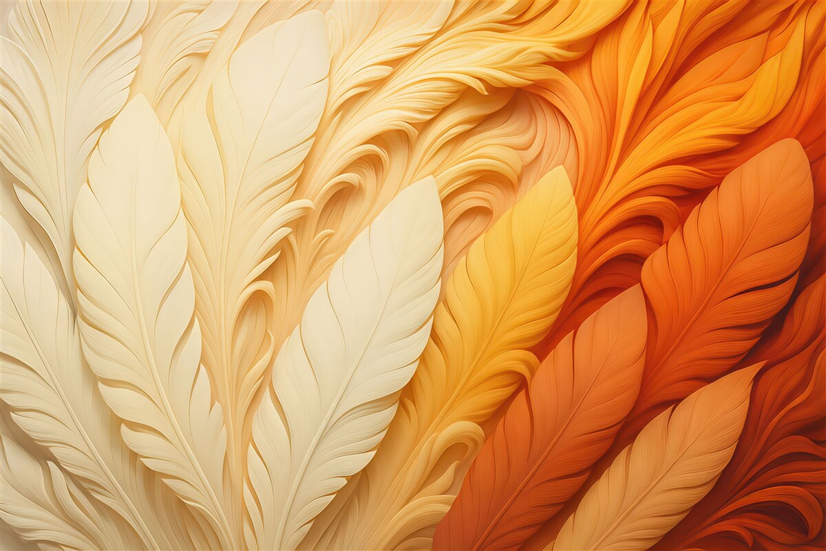 Fototapeta Białe pióra na jasno-pomarańczowym tle reliefu trójwymiarowego.