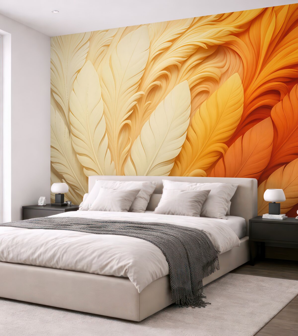 Fototapeta Białe pióra na jasno-pomarańczowym tle reliefu trójwymiarowego.