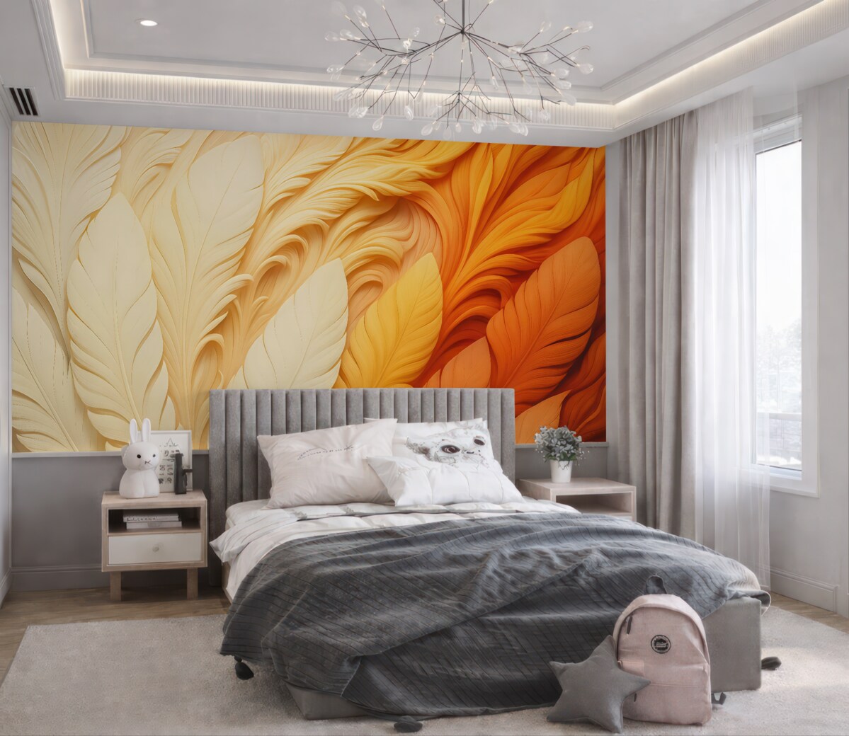 Fototapeta Białe pióra na jasno-pomarańczowym tle reliefu trójwymiarowego.